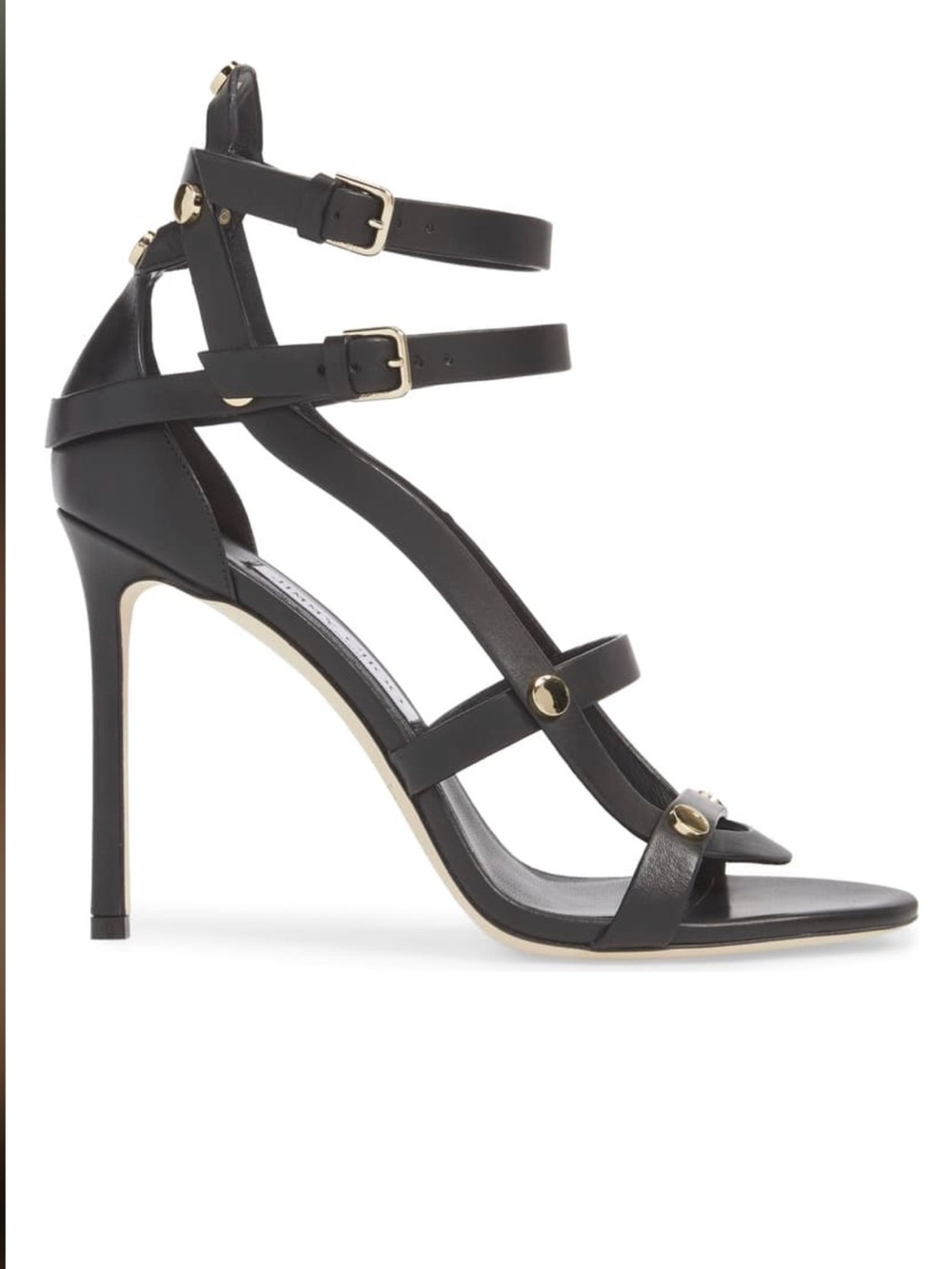 Jimmy Choo Black Leather Strappy Stiletto Sandals with Gold Studs